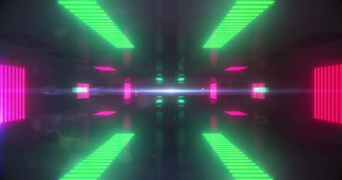 Futuristic neon tunnel with green and pink stripes
