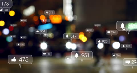 Social Media Interaction Icons in Energetic Cityscape