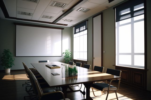 This modern conference room features large windows allowing in plenty of natural light, a professional projector screen, and a spacious, empty table surrounded by chairs. Office plants add a touch of greenery, creating an inviting atmosphere. Suitable for use on professional blogs, business websites, interior design articles, and corporate marketing materials.