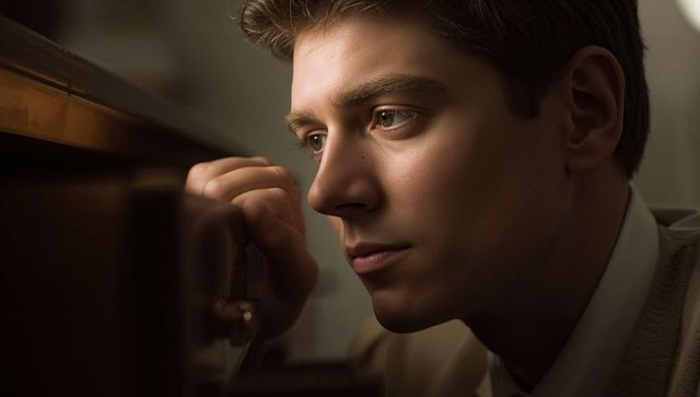 Pensive young man leaning on vintage radio while turning knob in warm retro interior