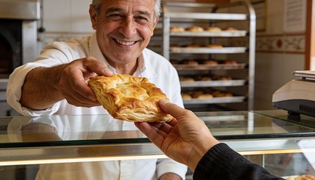 Smiling baker handing flaky pastry across glass counter, rustic bakery interior