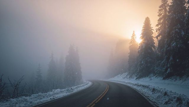 Curving mountain road vanishing into foggy sunrise through snowy conifer forest