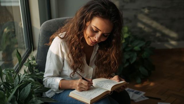 Smiling woman writing in journal by window with plants, cozy home workspace