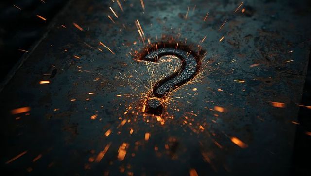 Rusty plate with glowing question mark surrounded by sparks