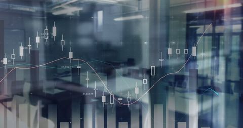 Finance graphs overlay empty modern office