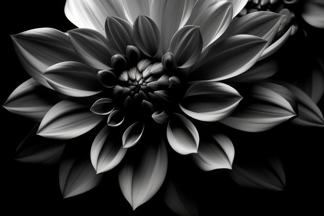 Detailed black and white close-up of a dahlia flower with intricate petals, creating a dramatic effect. Suitable for nature photography enthusiasts, botanical studies, floral art prints, and interior decorating themes. Ideal for use in blogs, websites, and social media posts focused on nature, flowers, and design.
