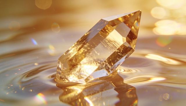Golden crystal prism resting on liquid surface casting warm ripples and bokeh glow macro
