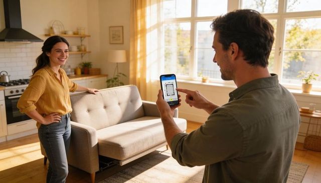 Couple reviewing floor plan app on smartphone in sunlit living room