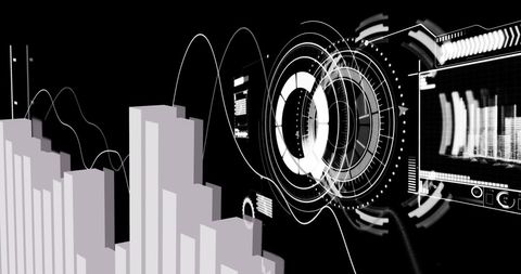 Futuristic digital interface with complex data displays