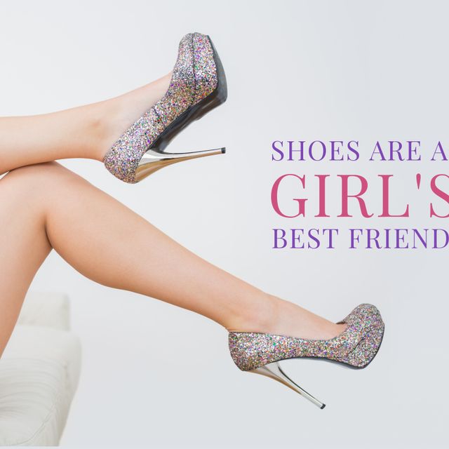 Photo features glittery high heels worn by a woman with crossed legs showcasing a sophisticated and stylish look. Ideal for use in fashion blogs, advertisements for women's footwear, social media posts, and fashion magazines promoting glamour and elegance in footwear choices.