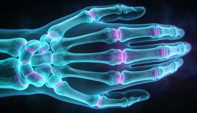 Translucent holographic hand skeleton with glowing cyan bones and magenta joint highlights
