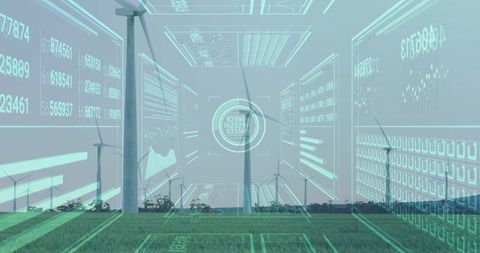Wind farm with holographic data overlay showing turbine analytics for renewable energy