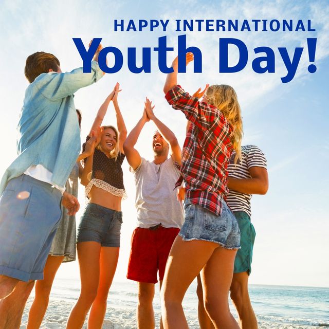 Group of young adults enjoying International Youth Day on beach, clapping hands and celebrating together. Perfect for promotions related to youth empowerment, summer vacations, group activities, beach parties, and holiday events.