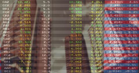 Financial ticker overlay filling office lobby with blurred professionals and analytics