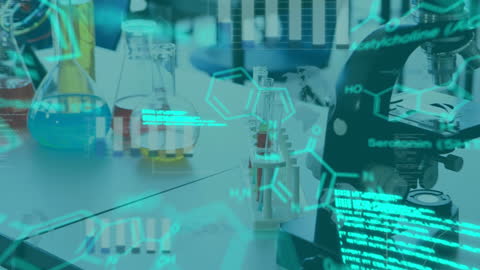 Futuristic Laboratory with Chemical Formulas and Data
