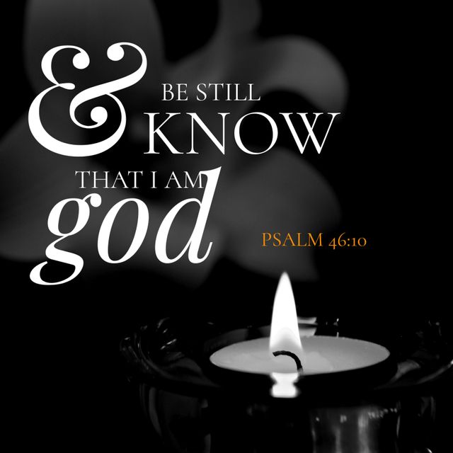 Inspirational quote from Psalm 46:10 against a dark background, illuminated by the gentle glow of a single candle flame, evoking feelings of peace, serenity and divine presence. Ideal for use in spiritual blogs, meditation guides, religious literature, inspirational posters and social media posts.