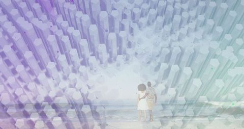 Futuristic beach serenity with abstract pillars