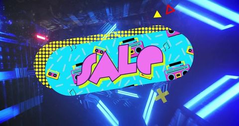 Vibrant Neon Sale Banner in Cyber Tunnel with Boombox Icons