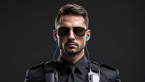 Image depicts confident male bodyguard wearing black tactical harness and aviator sunglasses, embodying themes of espionage and surveillance. Suitable for use in security advertising, thriller poster design, or illustrating topics related to government intelligence services.