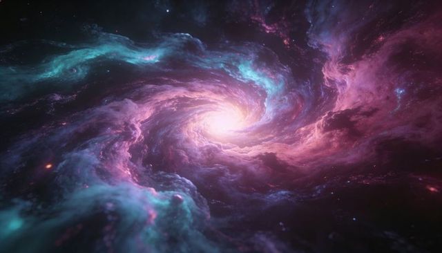 Swirling Luminous Spiral Nebula with Radiant Core in Magenta Teal Cosmic Vortex