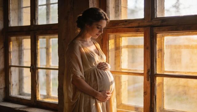 Pregnant woman standing by rustic sunlit window cradling belly in flowing cream gown