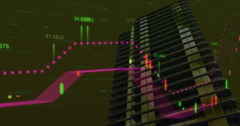 Digital Financial Data Overlay on Skyscraper Architecture