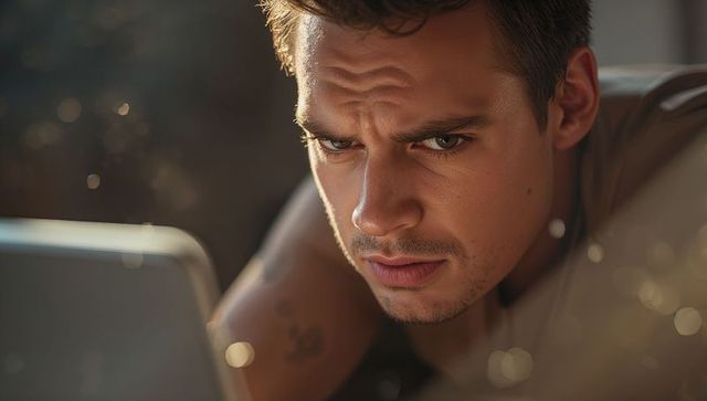 Leaning man concentrating on laptop closeup with stubble, tattoo and warm bokeh light