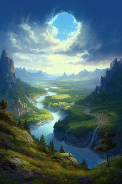 Landscape mountains and river, created using generative ai technology. Scenic, nature and fairytale concept digitally generated image.