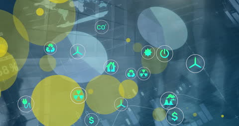 Digital Data Interface with Eco Icons and City Background