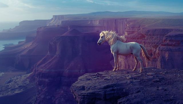 Majestic White Horse on Cliff Edge Overlooking Canyon