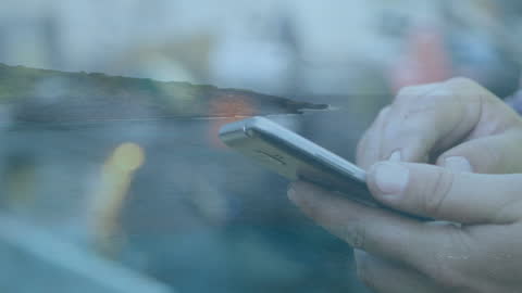 Hands Using Smartphone Overlay with Seascape Background
