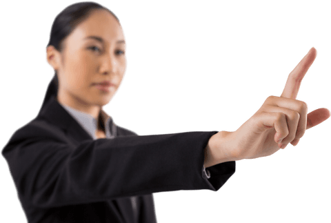 Transparent image of businesswoman activating virtual interface