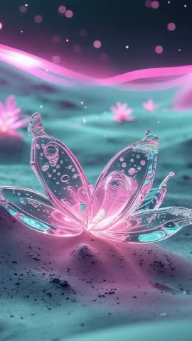 Unfolding glass lotus glowing with pulsing pink ribbon on horizon | Vertical fantasy motion