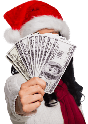 Christmas Savings Joy Woman Holding Money with Santa Hat