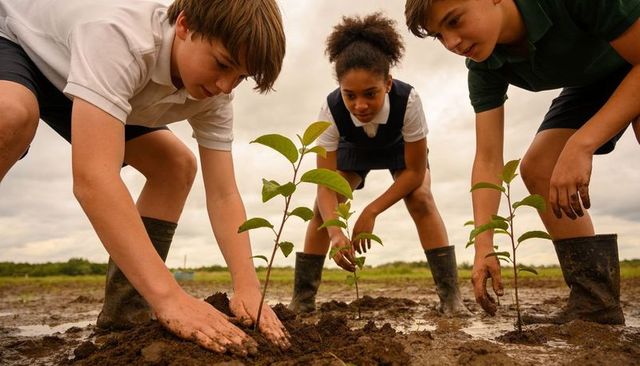 Schoolchildren planting saplings in muddy field showing teamwork and nature education