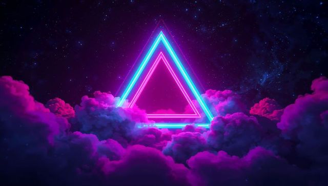 Neon triangle, cosmic dreamscape, in vibrant clouds