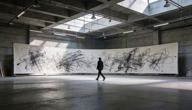 Solo figure walking past giant abstract charcoal mural in industrial studio