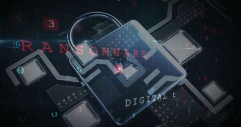 Digital security padlock with ransomware text overlay