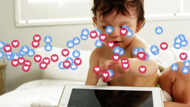 Baby intrigued by digital tablet surrounded by colorful like and heart icons represents the blend of technology and early childhood. Perfect for illustrating digital interaction among young children, social media impact, or technology-centric adverts. Also suitable for parenting blogs, technology articles, and educational materials exploring children's relationship with modern devices.