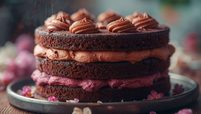Three-Layer Chocolate Cake with Floral Decoration