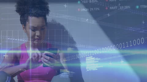 Women Using Smartphone with Financial Data Overlay