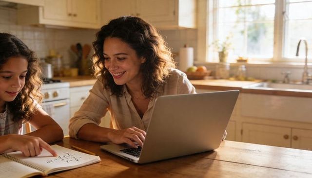 Mother helping daughter with algebra homework using laptop at sunlit kitchen table