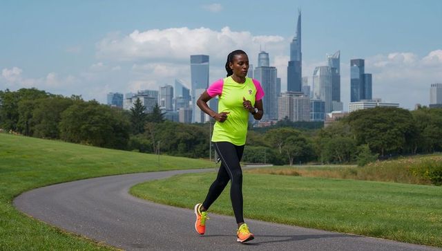 Urban Jogger in Vibrant Athletic Wear Running Through Park