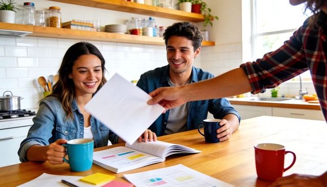 Young couple reviewing financial paperwork at kitchen table with coffee and natural light