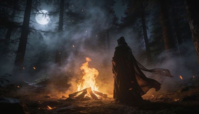 Hooded wanderer standing by bonfire in moonlit forest, mystical nocturnal silhouette, embers