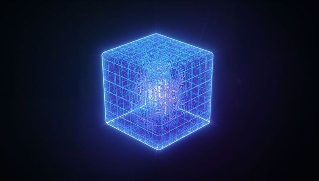 Futuristic Neon Blue Wireframe Cube with Intricate Grid