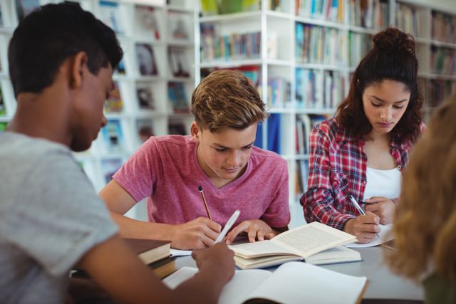 Group of diverse students studying together in a school library. Ideal for educational content, school brochures, academic websites, and articles about teamwork and learning environments.