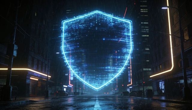 Glowing holographic shield hovering over rainy cyberpunk city street