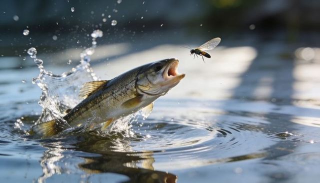 Leaping freshwater predator snapping at hovering insect over sunlit water splashes