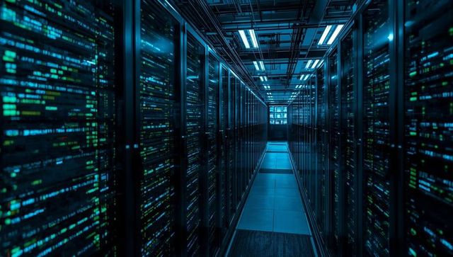 Modern data center corridor with lined server racks and led lights